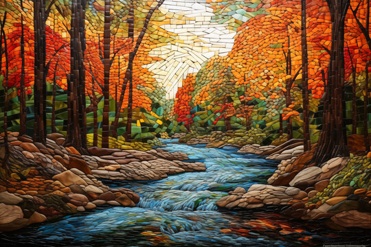 Colorful Fall forest picture with river made with stone mosaic