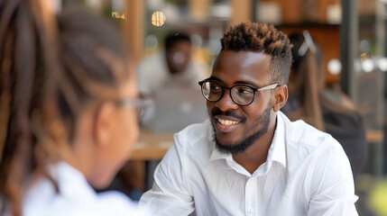 Fototapeta premium A young African business man wearing glasses and a white shirt is talking to his female coworker,