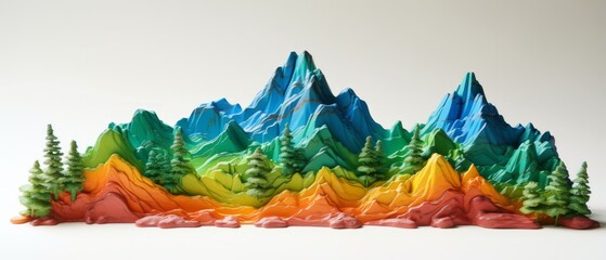 beautiful mountains with trees in plasticine style - obrazy, fototapety, plakaty