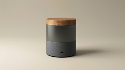 Blank mockup of a minimalist speaker with a mix of metal and wood elements .