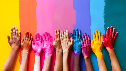 Colorful Painted Hands on a Vibrant Wall