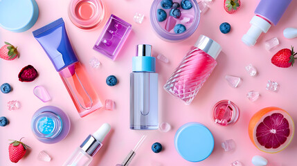 Cosmetics and Beauty Products Scattered on a Pink Background with Hints of Purple and Blue