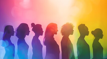 Contemporary Feminist Art Silhouettes of People on Rainbow Background - obrazy, fototapety, plakaty