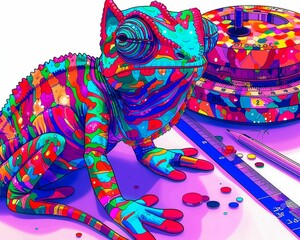 3D chameleon as a fashion designer, with fabric samples and a tape measure, changing trends, white background