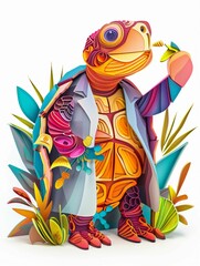 Fototapeta premium 3D turtle as an environmental scientist, with a lab coat and green plants, promoting sustainability, white background