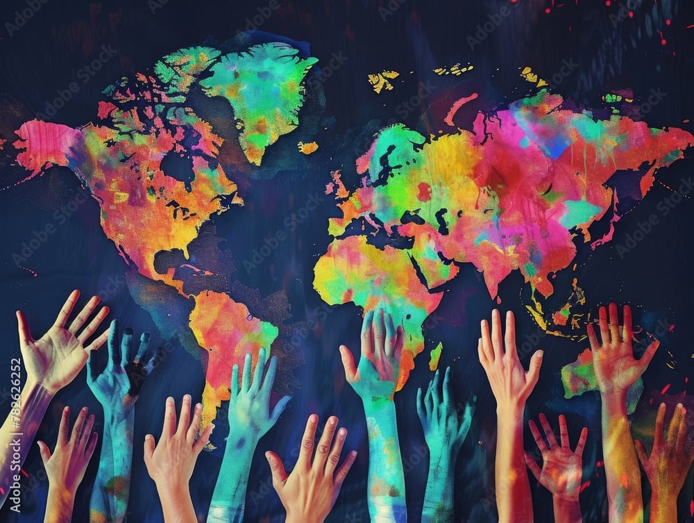 Poster hands reaching out across the globe, symbolizing unity in diversity and the connection between cultu