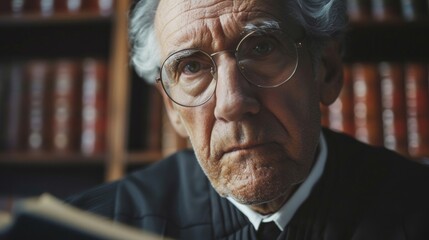 The trating gaze of a senior judge captures the essence of their vast knowledge and experience a symbol of the firm and wise hand of justice. . - obrazy, fototapety, plakaty