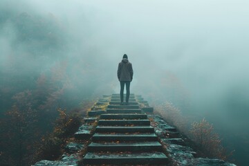 A man stands on a stone staircase in the fog. Business concept, backdrop - Powered by Adobe
