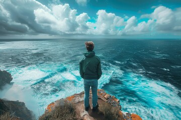 A man stands on a rocky cliff overlooking the ocean. Summer vacation concept, backdrop - Powered by Adobe
