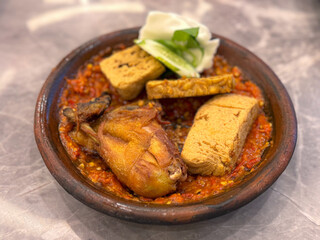 ayam penyet, fried chicken in chili paste, indonesian food