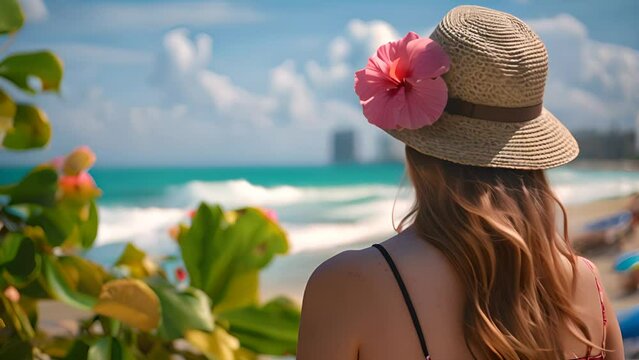 Woman Gazing at Tropical Beach Horizon with Ai generated.
