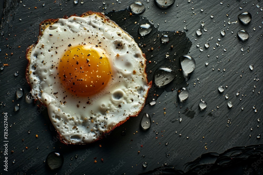 Poster fried chicken egg on a black textured stone surface. background with selective focus and copy space