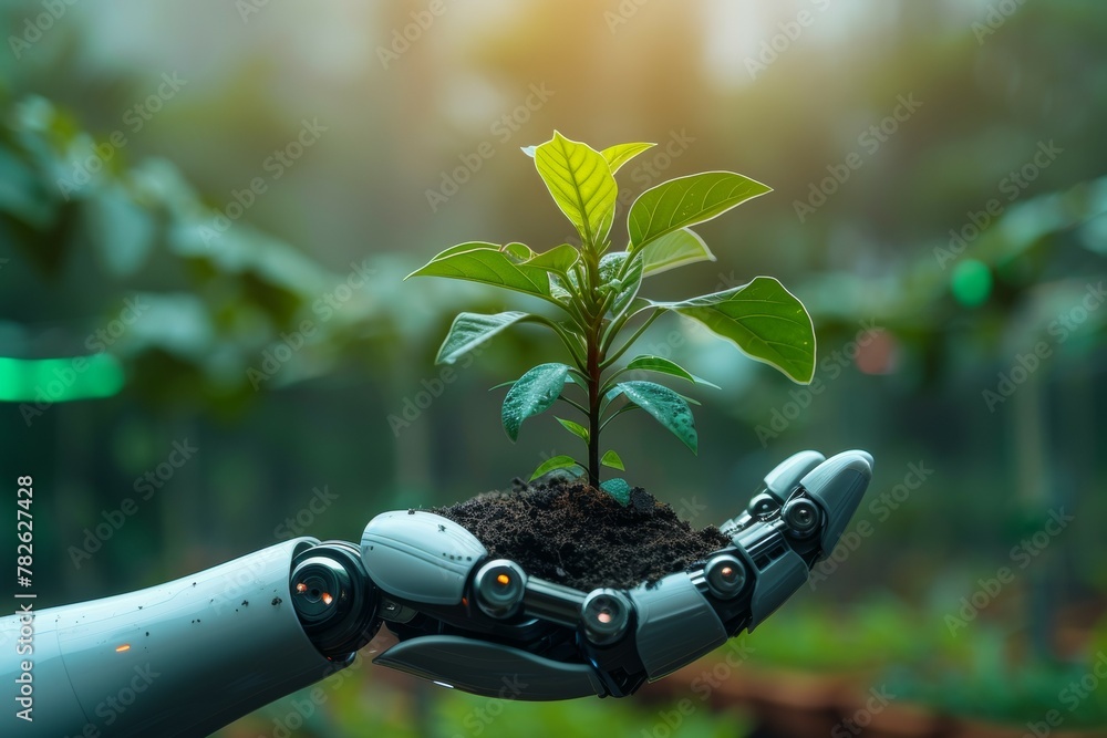 Poster a robot hand works on a modern farm. background with selective focus and copy space