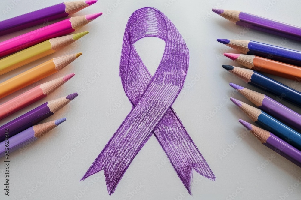 Wall mural a purple ribbon is drawn on a white background with a bunch of colored pencils s