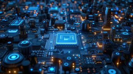Fototapeta premium Abstract digital blue circuit backdrop. Technology and chips are synonymous with innovation. 3D Rendering
