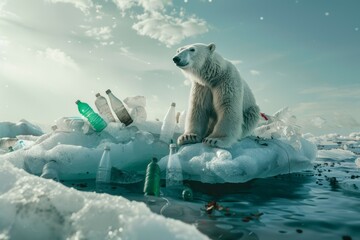 Polar bear is sitting on pile of plastic bottles on top of block of ice. Ecology problems and plastic pollution concept - obrazy, fototapety, plakaty