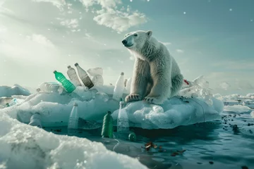 Fototapeten Polar bear is sitting on pile of plastic bottles on top of block of ice. Ecology problems and plastic pollution concept © top images