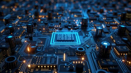 Abstract digital blue circuit backdrop. Technology and chips are synonymous with innovation. 3D Rendering