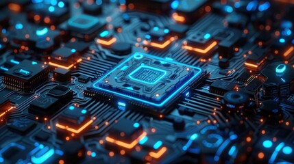 Abstract digital blue circuit backdrop. Technology and chips are synonymous with innovation. 3D Rendering