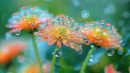 flowers with dew drops in beautiful morning light, magical and naturally beautiful