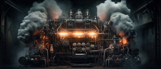 dieselpunk complex engine with many glowing and moving parts that fills a dark industrial room - obrazy, fototapety, plakaty