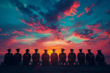 A group of graduates sit on a bench overlooking the ocean