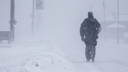 A lone officer braves a blizzard the snow weighing down on their cap and coat as they push against the wind and cold to reach their destination a beacon of determination and resilience . - obrazy, fototapety, plakaty