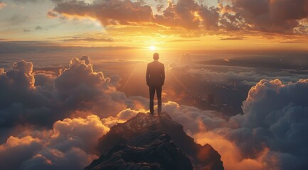 A man stands on a mountain top, looking out at the horizon. Business concept, background - obrazy, fototapety, plakaty
