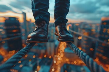 A man is balancing on a tightrope in front of a city skyline. Business concept, background