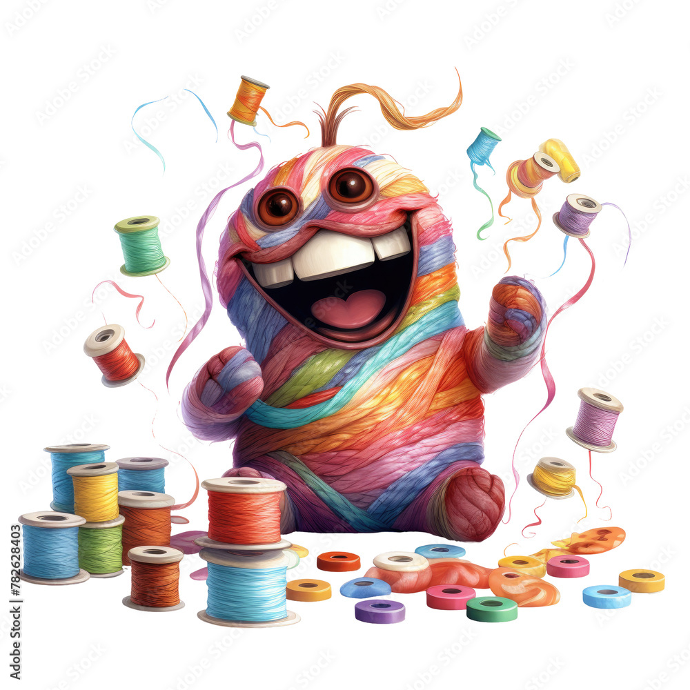 Poster A whimsical monster with vibrant hues is surrounded by various spools of thread Isolated on transparent