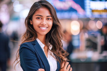Naklejka premium Indian business woman in blue formal wear in trading floor, finance stock