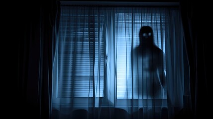 Blurred ghost silhouette in bedroom window at night, setting a spooky Halloween scene, Ai Generated