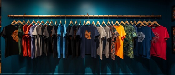 hanging T-shirts with colorful prints, navy blue plaster in the background
