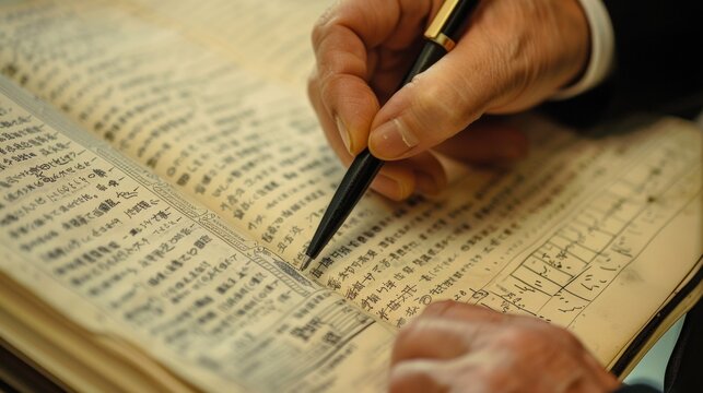 A closeup of a Linguists hand writing in a notebook while their other hand flips through pages of a language dictionary from different time periods showcasing the meticulous research .