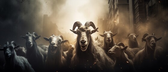 invasion of the giant goats, aggressive , fire breathing goats, action scene, horror, scary , low key lighting city background