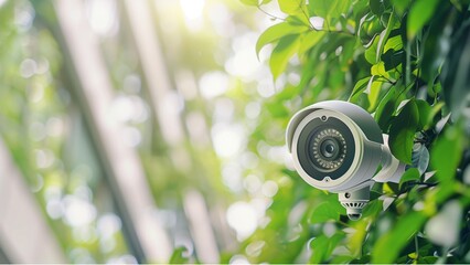 cctv camera with white body and round lens on outdoor background with blur green tree and building wall in the city for security or guard concept
