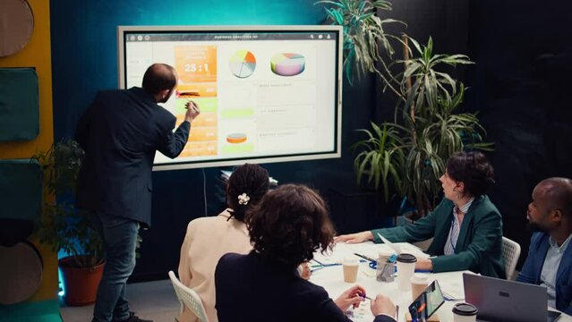 Sales manager creates a presentation to pitch in a new strategy for development, using interactive board to make his staff members understand the objectives. Business planning meeting. Camera B.