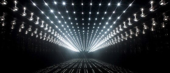 light rig from a concert that repeats into infinity, mirror hallway of concert lights