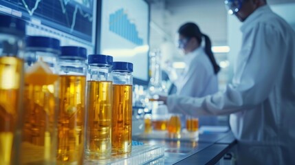 A group of scientists in a research lab examining samples of a biofuel product. In the background charts and graphs can be seen representing the data and analysis of the biofuel extraction . - obrazy, fototapety, plakaty