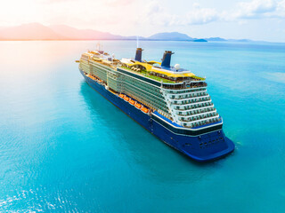 Luxury cruise ship. Aerial view beautiful large cruise ship at sea, Big blue passenger cruise...