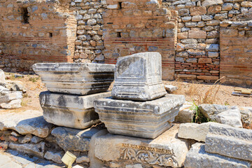 Ruins of ancient columns. Background with selective focus and copy space