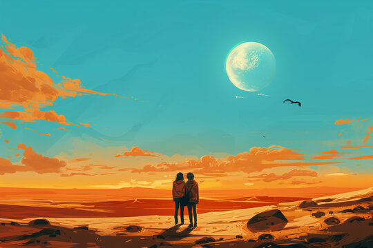 A couple standing on a beach at sunset, looking at the moon