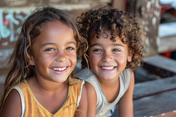 Two young girls are smiling and laughing together