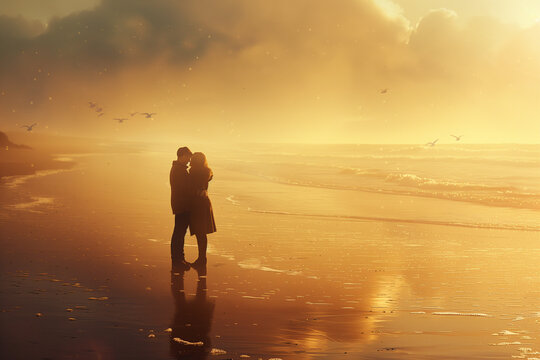 A couple is kissing on the beach at sunset