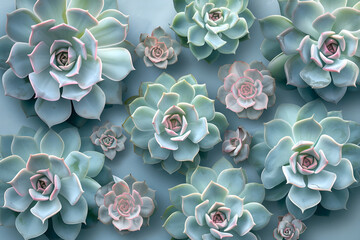 Various type of succulent cactus plants on blue background. Colorful miniature plants pattern.  Botanic garden. Love nature, home plant concept. Flat lay, top view