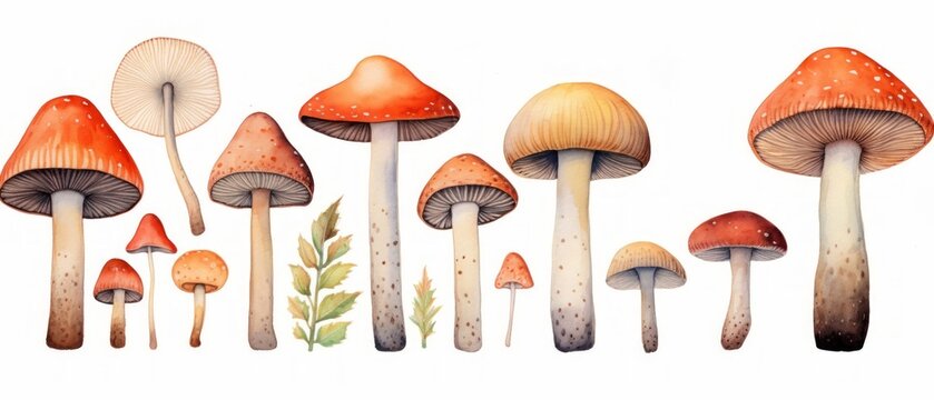  mushrooms, watercolor on a white background