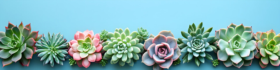 Various type of succulent cactus plants on blue background. Border made of colorful miniature plants. Botanic garden. Love nature, home plant concept. Flat lay, top view with copy space