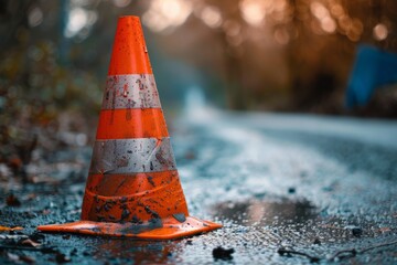 A traffic cone on the road. Road repair work after a long winter