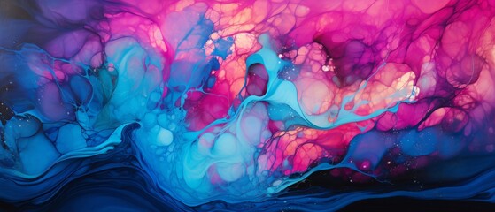 oceanic alcohol ink art, dynamic and high contrast, neon cyan with pink highlight