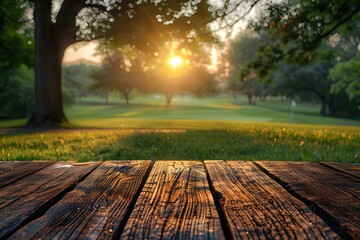 Naklejka na ściany i meble Serenity at Dusk: Wooden Table Overlooking a Sunlit Golf Course. Concept Nature Walk, Outdoor Adventure, Wildlife Spotting, Peaceful Surroundings